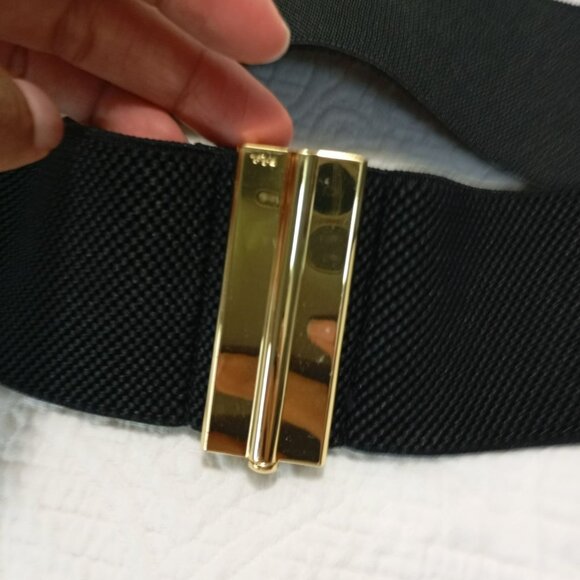 Lauren Ralph Lauren Belt Black Stretch Waist Gold Bar Closure Wide Elastic Sz L - Picture 3 of 8